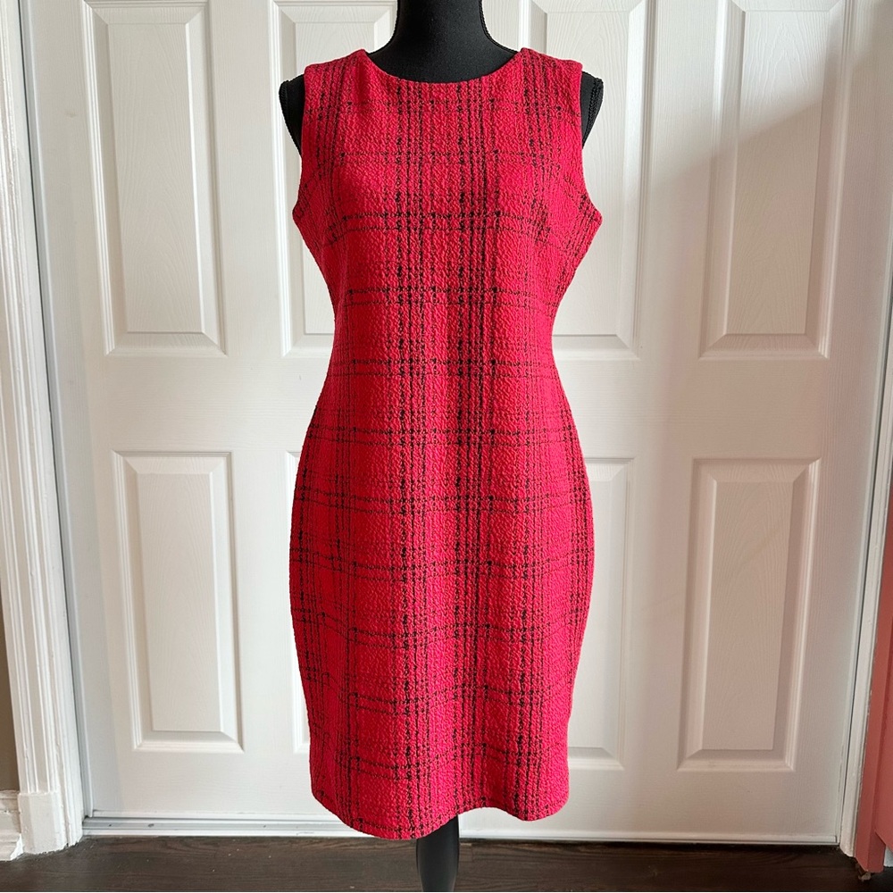 Calvin Klein Sleeveless Red Fitted Plaid Dress Petite